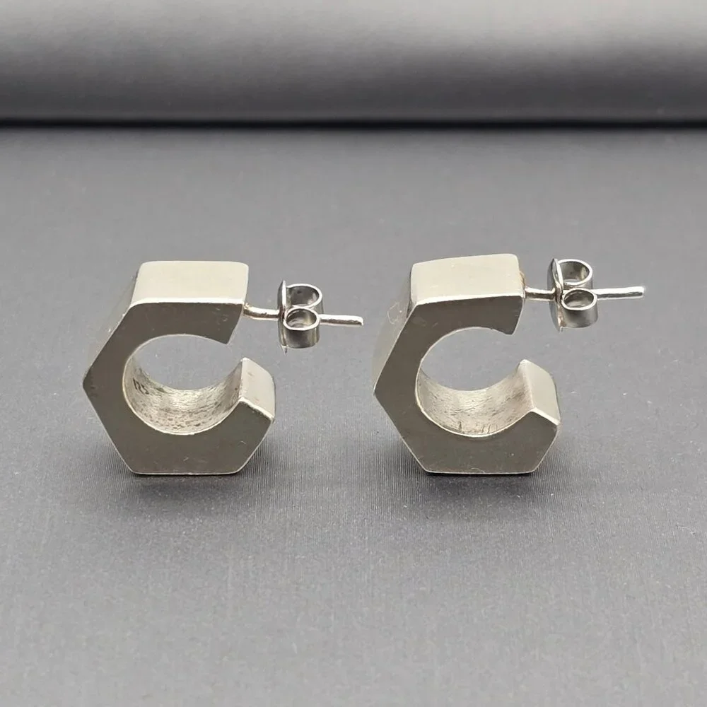 Sterling Silver Geometric C-Hoop Earrings Bold .75" Modern Hexagon Design - Picture 2 of 13